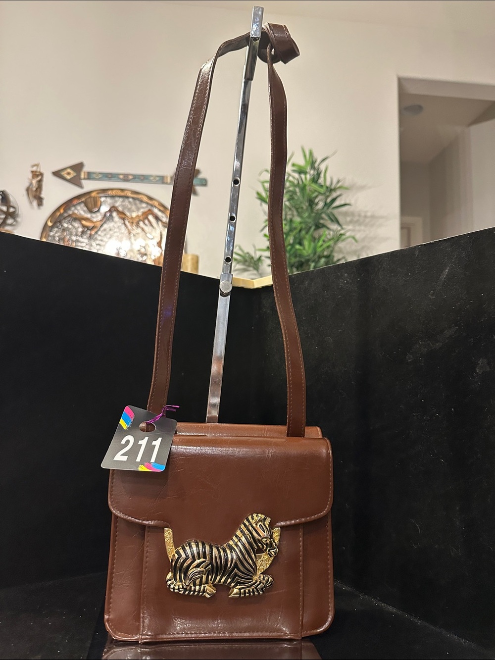Sashia Brown #211 Vintage  Faux-Leather Shoulder Bag with Gold Zebra Accent